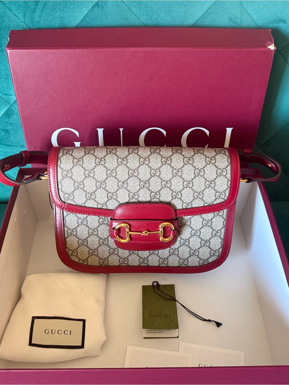 Authentic Gucci Horsebit 1955 Shoulder Bag GG Supreme Red Leather - Picture 1 of 16